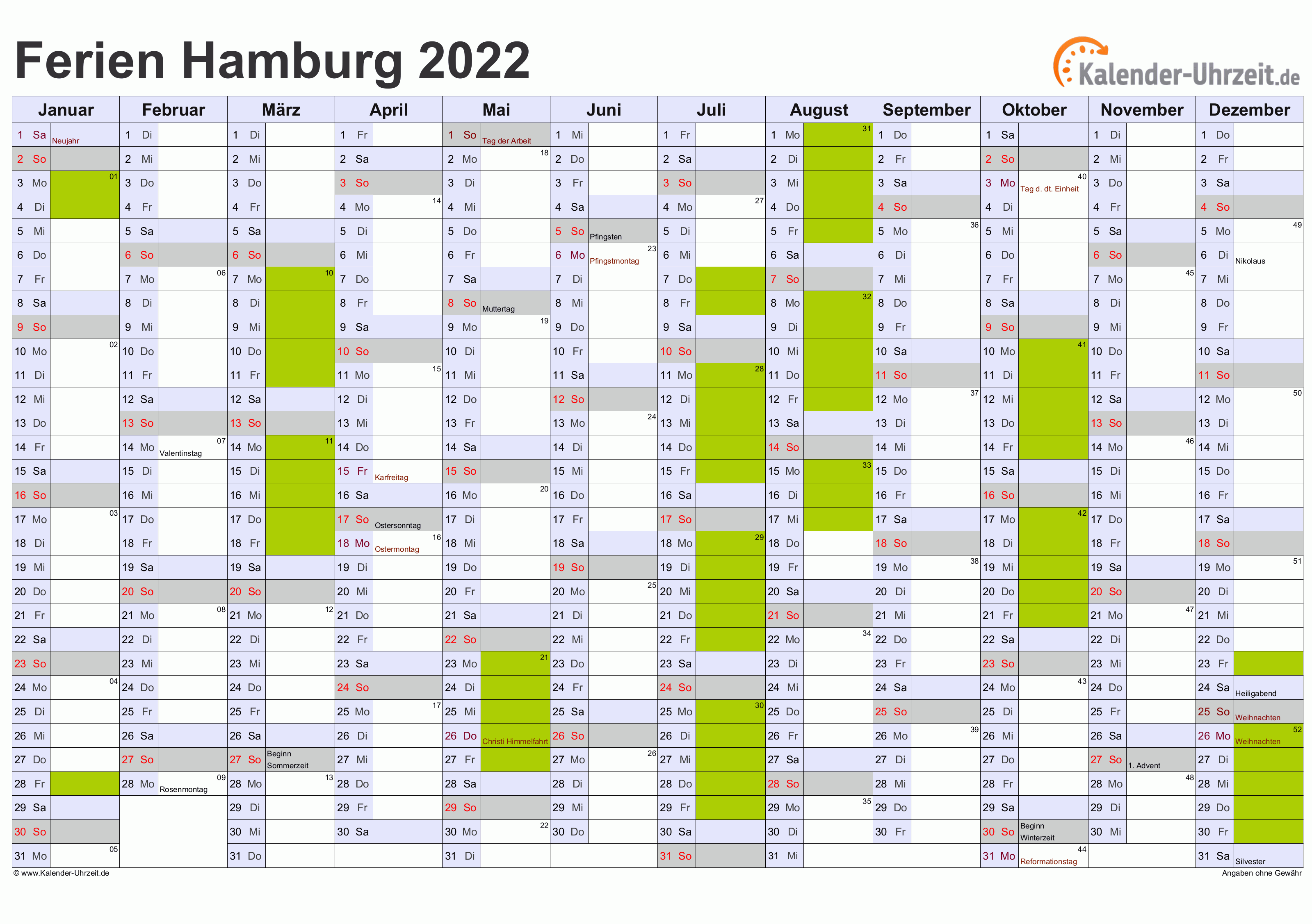 Ferien Hamburg 2022 - Ferienkalender zum Ausdrucken