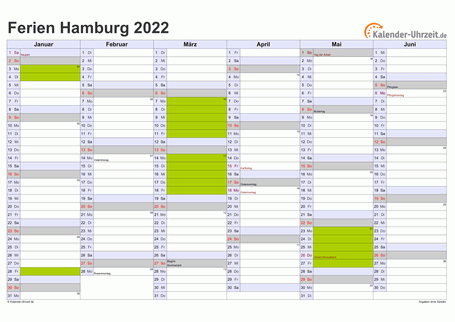 Ferienkalender 2022 für Hamburg - A4 quer-zweiseitig
