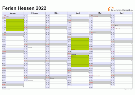 Ferienkalender 2022 für Hessen - A4 quer-zweiseitig