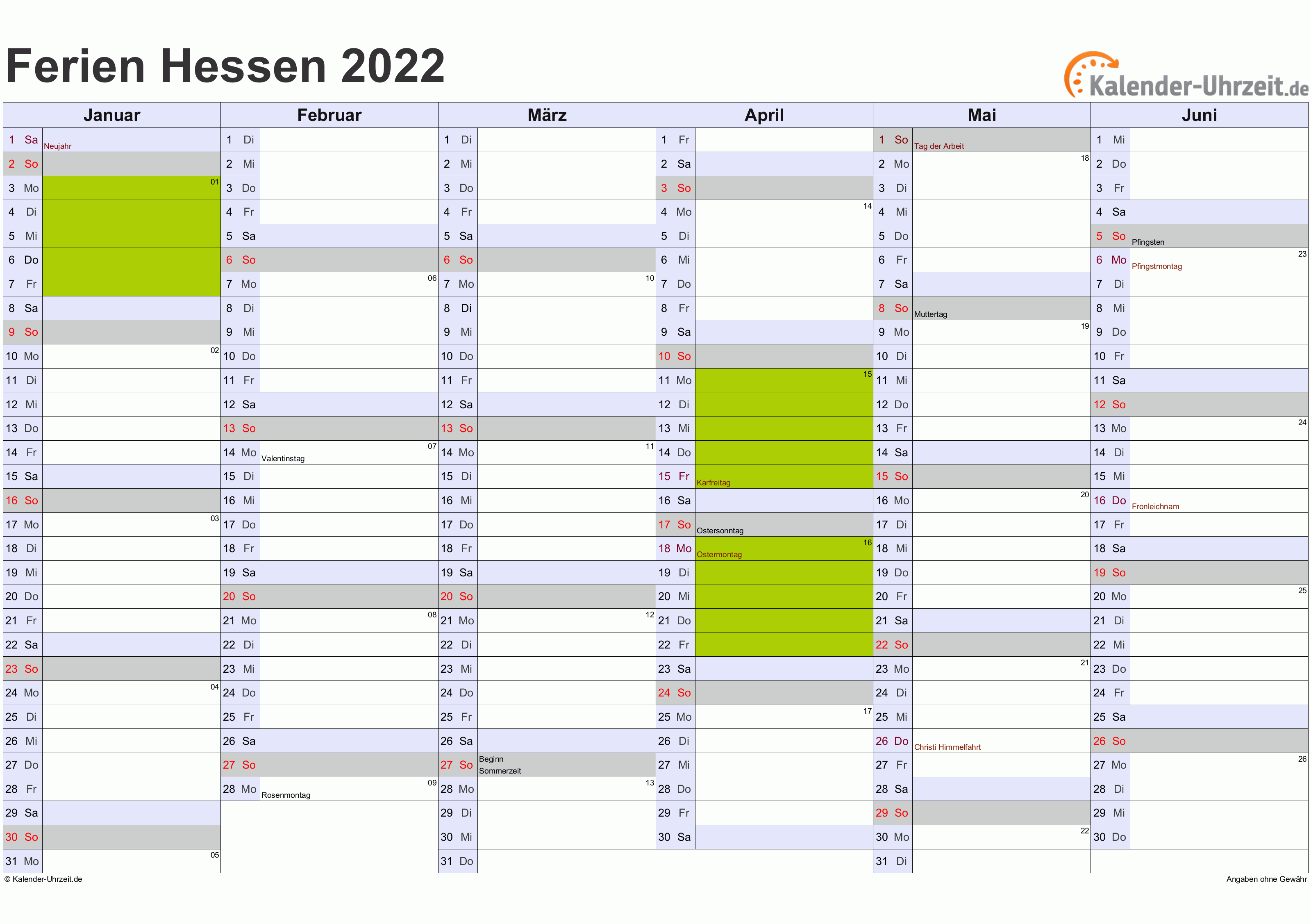 Ferien Hessen 2022  Ferienkalender zum  Ausdrucken 