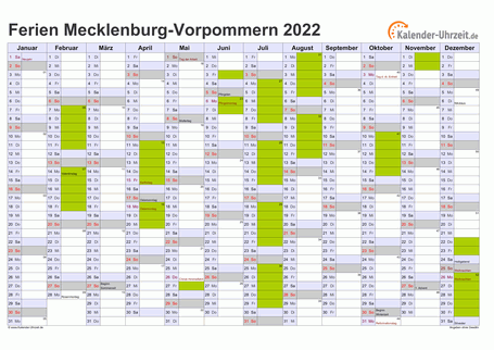 Ferien 2022 Meck.-Pomm. im Kalender - A4 quer-einseitig Ferienkalender 2022 für Meck.-Pomm. - A4 quer-einseitig