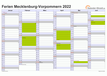 Ferienkalender 2022 für Meck.-Pomm. - A4 quer-zweiseitig