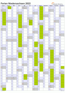 Ferienkalender 2022 für Niedersachsen - A4 hoch-einseitig