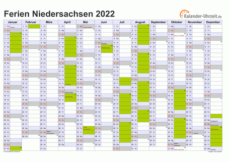 Ferienkalender 2022 für Niedersachsen - A4 quer-einseitig
