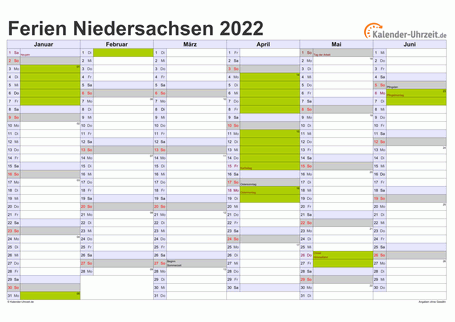 Ferienkalender 2022 für Niedersachsen - A4 quer-zweiseitig