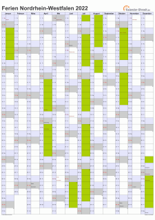 Ferienkalender 2022 für Nordrhein-Westfalen - A4 hoch-einseitig