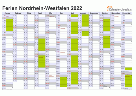 Ferienkalender 2022 für Nordrhein-Westfalen - A4 quer-einseitig