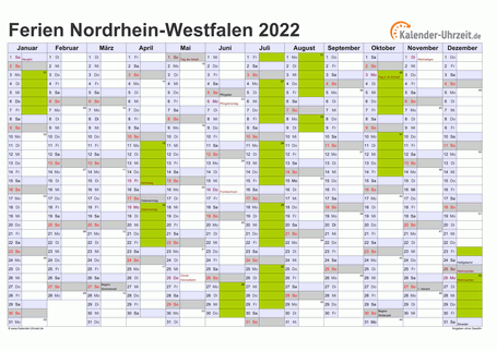 Ferien 2022 Nordrhein-Westfalen im Kalender - A4 quer-einseitig Ferienkalender 2022 für Nordrhein-Westfalen - A4 quer-einseitig
