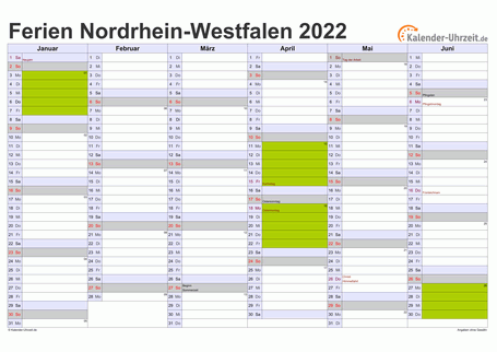 Ferienkalender 2022 für Nordrhein-Westfalen - A4 quer-zweiseitig