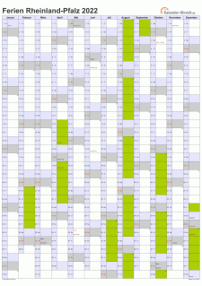 Ferienkalender 2022 für Rheinland-Pfalz - A4 hoch-einseitig