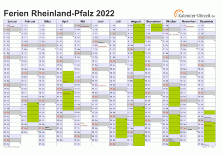 Ferien 2022 Rheinland-Pfalz im Kalender - A4 quer-einseitig Ferienkalender 2022 für Rheinland-Pfalz - A4 quer-einseitig