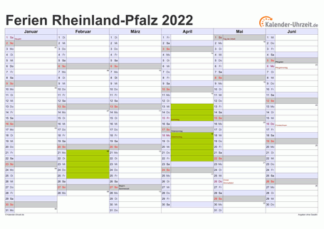Ferienkalender 2022 für Rheinland-Pfalz - A4 quer-zweiseitig