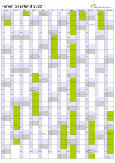 Ferienkalender 2022 für Saarland - A4 hoch-einseitig