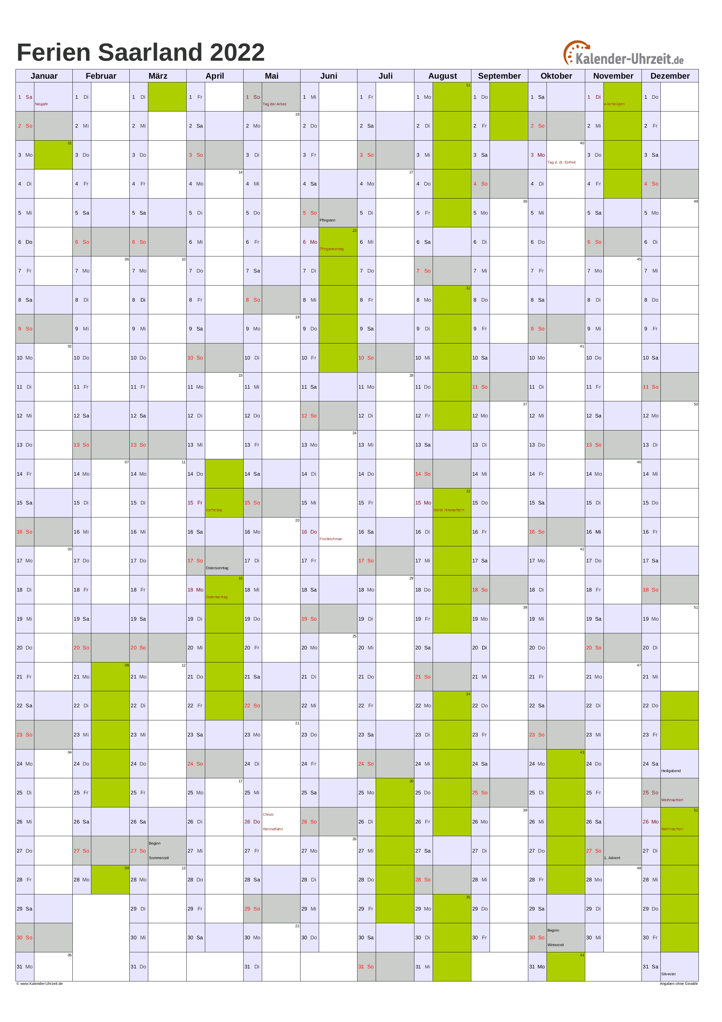 Ferien Saarland 2022 - Ferienkalender zum Ausdrucken