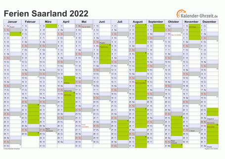 Ferien 2022 Saarland im Kalender - A4 quer-einseitig Ferienkalender 2022 für Saarland - A4 quer-einseitig