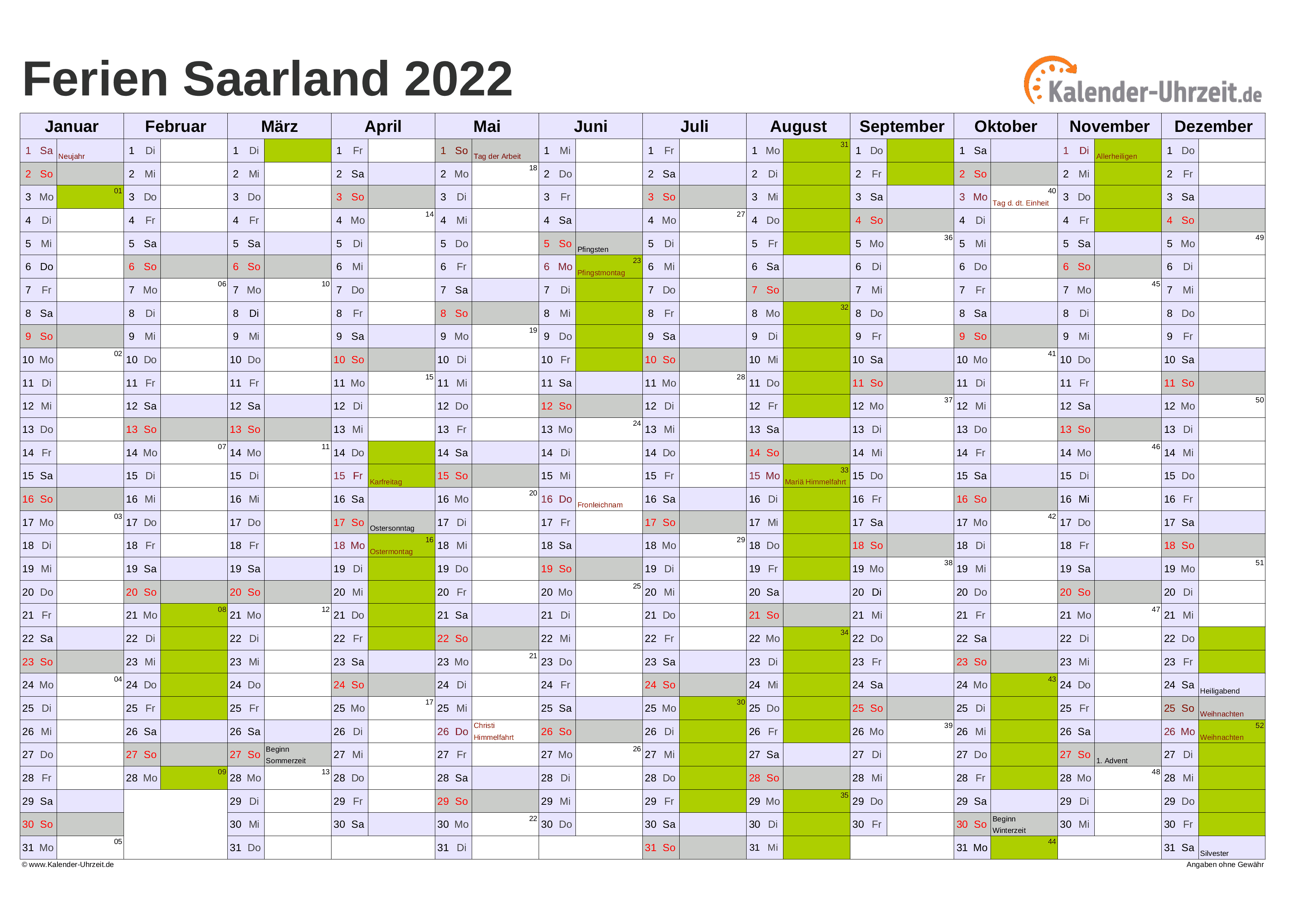 Ferien Saarland 2022 - Ferienkalender zum Ausdrucken