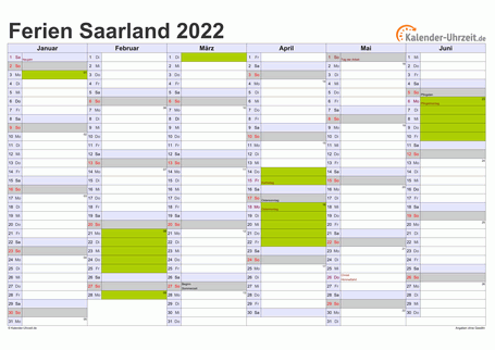 Ferienkalender 2022 für Saarland - A4 quer-zweiseitig