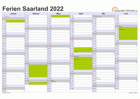 Ferien 2022 Saarland im Kalender - A4 quer-zweiseitig Ferienkalender 2022 für Saarland - A4 quer-zweiseitig