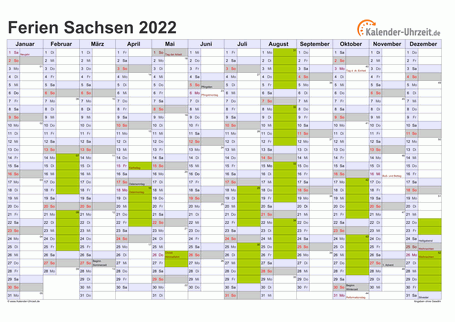 Ferienkalender 2022 für Sachsen - A4 quer-einseitig