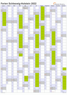 Ferienkalender 2022 für Schleswig-Holstein - A4 hoch-einseitig