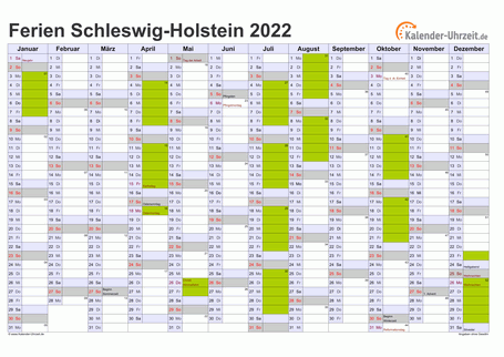 Ferienkalender 2022 für Schleswig-Holstein - A4 quer-einseitig