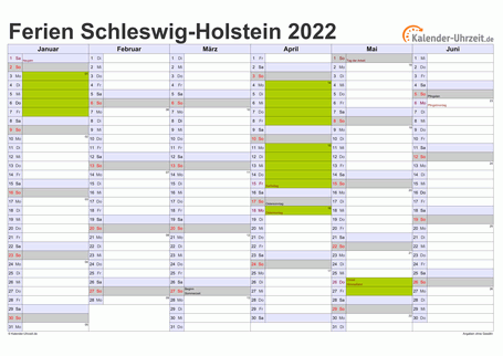 Ferienkalender 2022 für Schleswig-Holstein - A4 quer-zweiseitig
