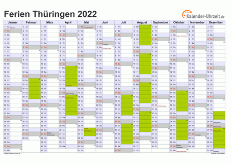 Ferien 2022 Thüringen im Kalender - A4 quer-einseitig Ferienkalender 2022 für Thüringen - A4 quer-einseitig