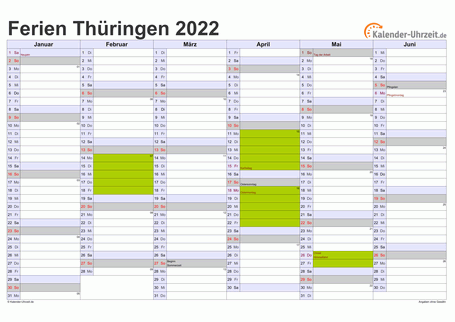 Ferienkalender 2022 für Thüringen - A4 quer-zweiseitig