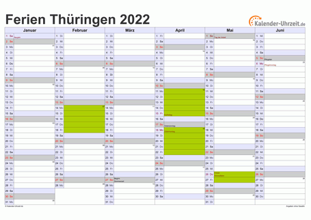 Ferien 2022 Thüringen im Kalender - A4 quer-zweiseitig Ferienkalender 2022 für Thüringen - A4 quer-zweiseitig