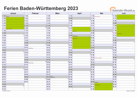 Ferienkalender 2023 für Baden-Württemberg - A4 quer-zweiseitig