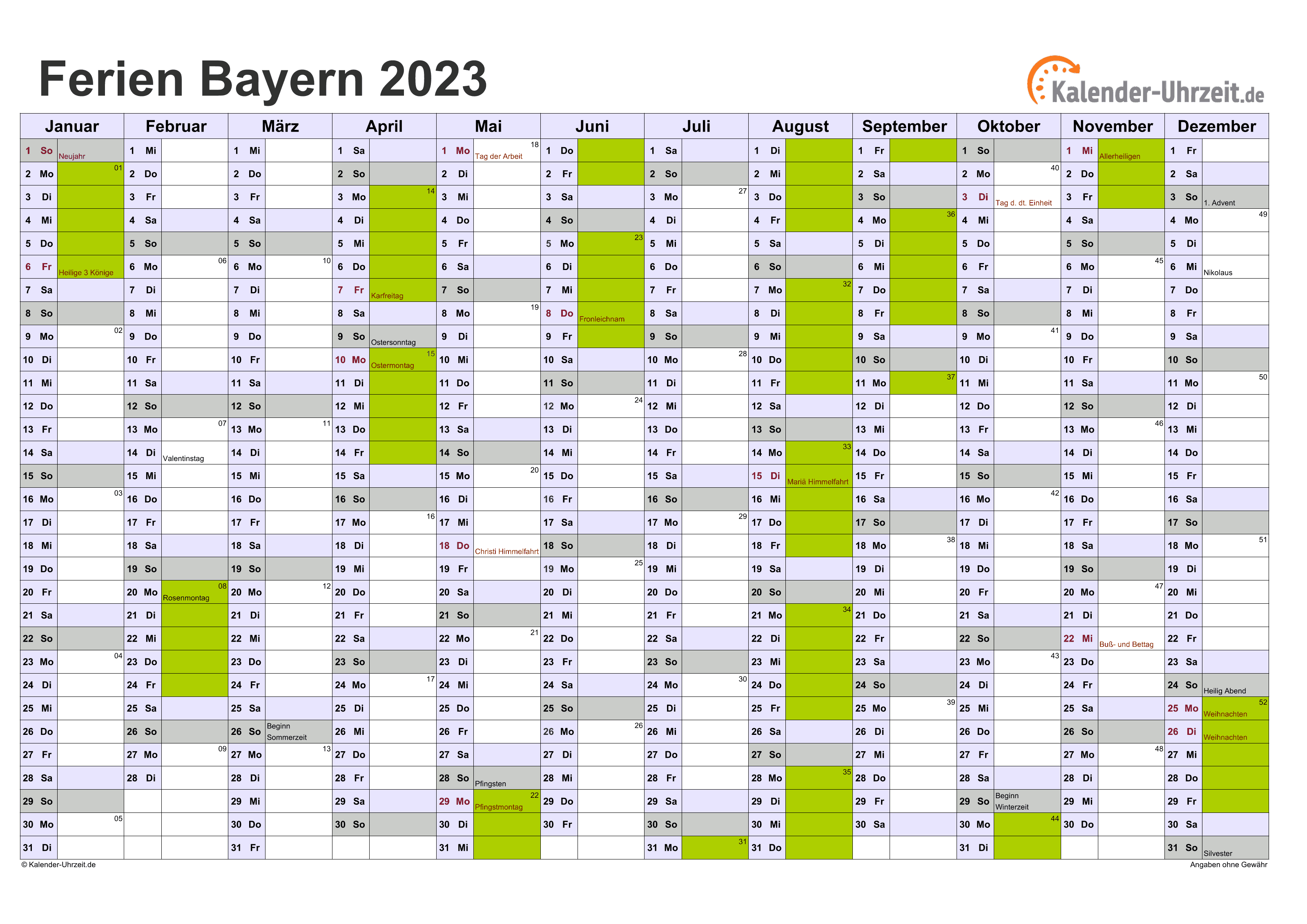 Ferien Bayern 2023 - Ferienkalender Zum Ausdrucken A52