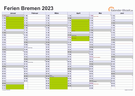 Ferienkalender 2023 für Bremen - A4 quer-zweiseitig