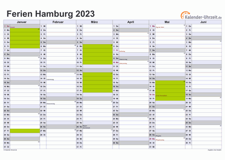 Ferienkalender 2023 für Hamburg - A4 quer-zweiseitig