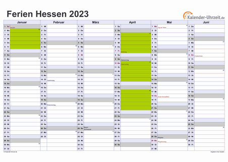 Ferienkalender 2023 für Hessen - A4 quer-zweiseitig
