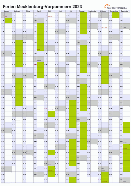 Ferien 2023 Meck.-Pomm. im Kalender - A4 hoch-einseitig Ferienkalender 2023 für Meck.-Pomm. - A4 hoch-einseitig