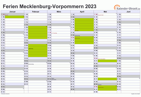 Ferien 2023 Meck.-Pomm. im Kalender - A4 quer-zweiseitig Ferienkalender 2023 für Meck.-Pomm. - A4 quer-zweiseitig