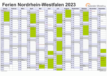 Ferien 2023 Nordrhein-Westfalen im Kalender - A4 quer-einseitig Ferienkalender 2023 für Nordrhein-Westfalen - A4 quer-einseitig