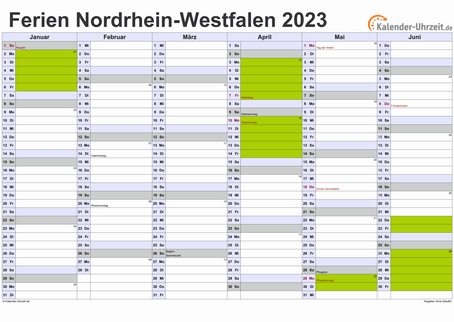 Ferienkalender 2023 für Nordrhein-Westfalen - A4 quer-zweiseitig