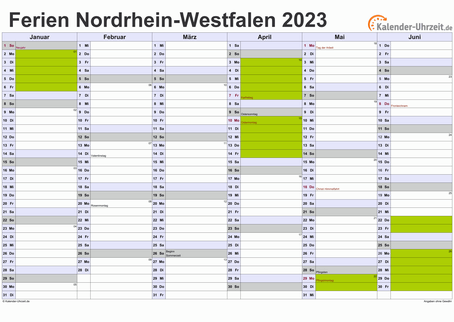 Ferien 2023 Nordrhein-Westfalen im Kalender - A4 quer-zweiseitig Ferienkalender 2023 für Nordrhein-Westfalen - A4 quer-zweiseitig