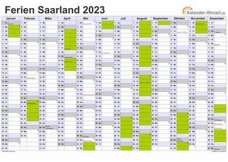 Ferienkalender 2023 für Saarland - A4 quer-einseitig