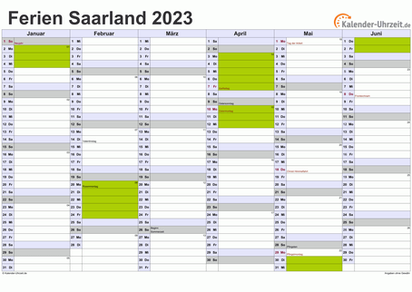 Ferienkalender 2023 für Saarland - A4 quer-zweiseitig