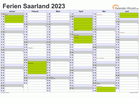 Ferien 2023 Saarland im Kalender - A4 quer-zweiseitig Ferienkalender 2023 für Saarland - A4 quer-zweiseitig
