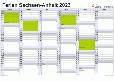 Ferienkalender 2023 für Sachsen-Anhalt - A4 quer-zweiseitig