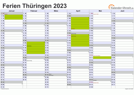 Ferienkalender 2023 für Thüringen - A4 quer-zweiseitig