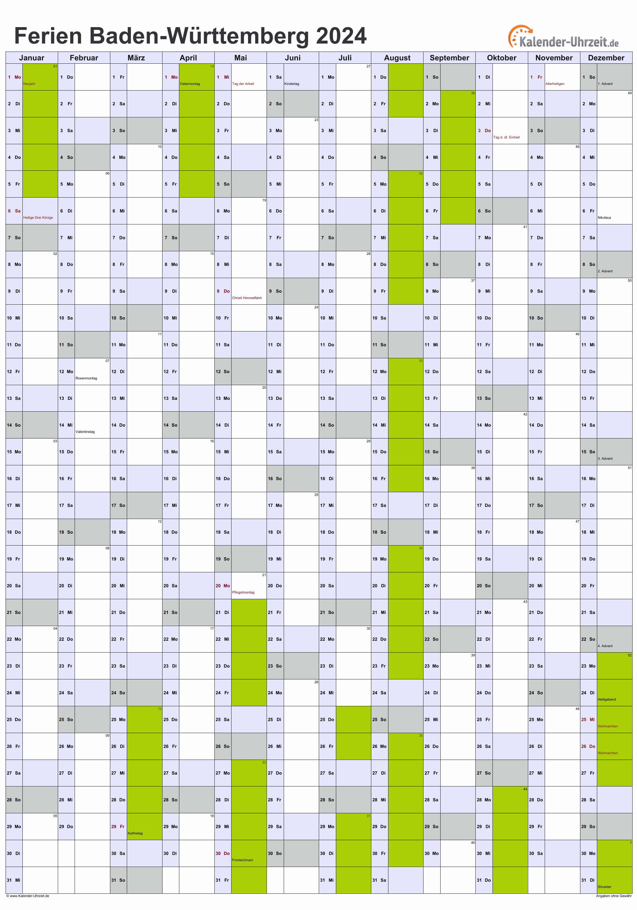 Ferien BadenWürttemberg 2024 Ferienkalender zum Ausdrucken