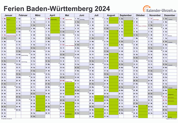 Ferien 2024 Baden-Württemberg im Kalender - A4 quer-einseitig Ferienkalender 2024 für Baden-Württemberg - A4 quer-einseitig