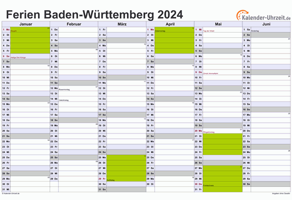 Ferienkalender 2024 für Baden-Württemberg - A4 quer-zweiseitig