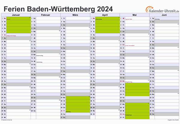 Ferien 2024 Baden-Württemberg im Kalender - A4 quer-zweiseitig Ferienkalender 2024 für Baden-Württemberg - A4 quer-zweiseitig
