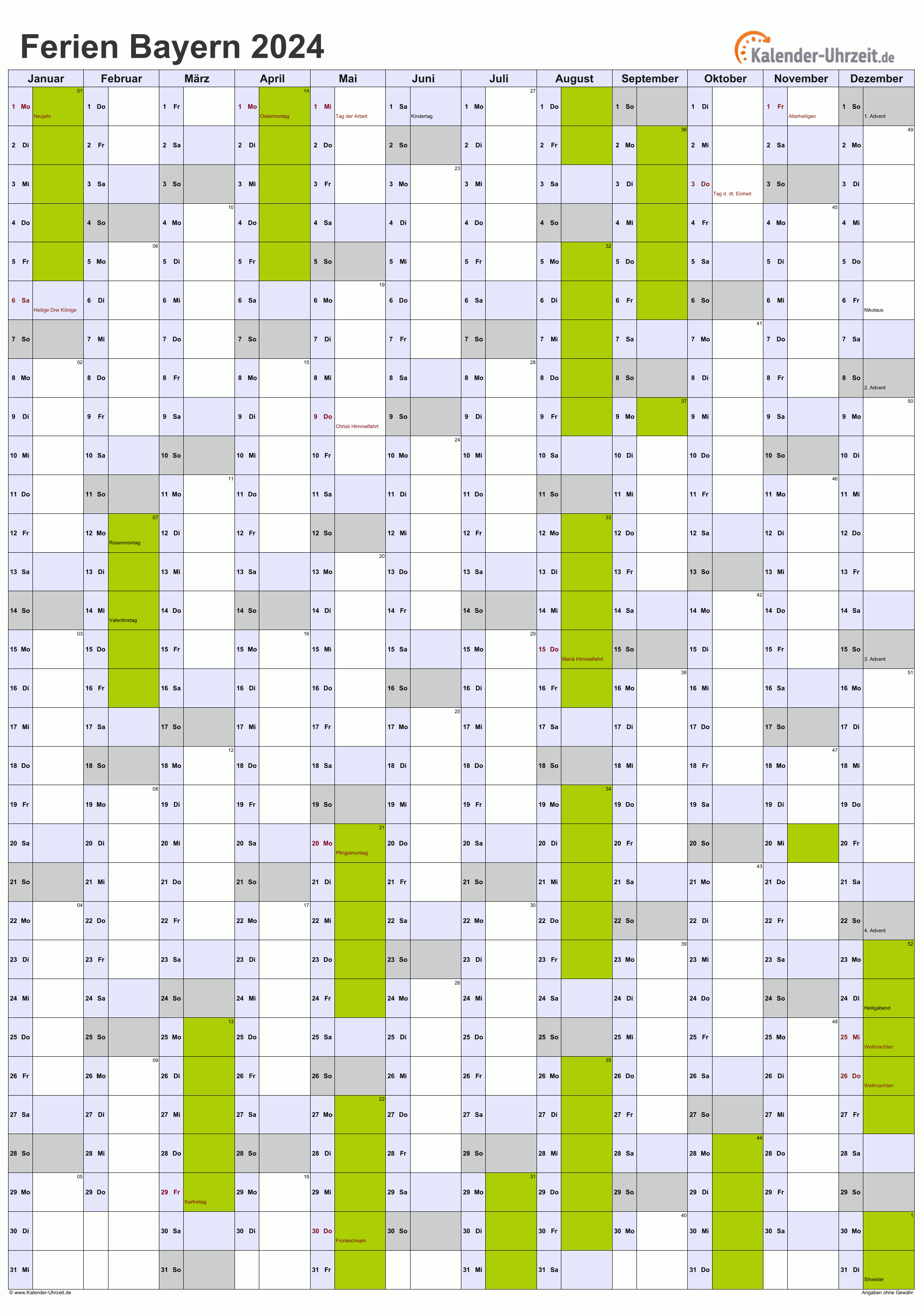 Ferien Bayern 2024 Ferienkalender zum Ausdrucken