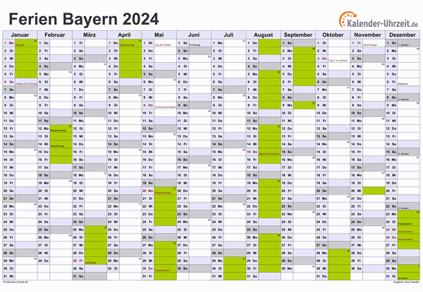 Ferienkalender 2024 für Bayern - A4 quer-einseitig